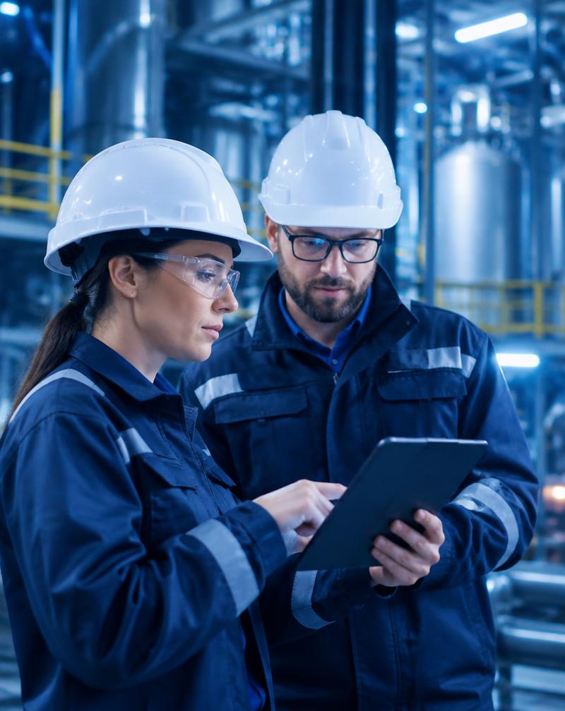 Two industrial engineers reviewing environmental compliance data on a tablet