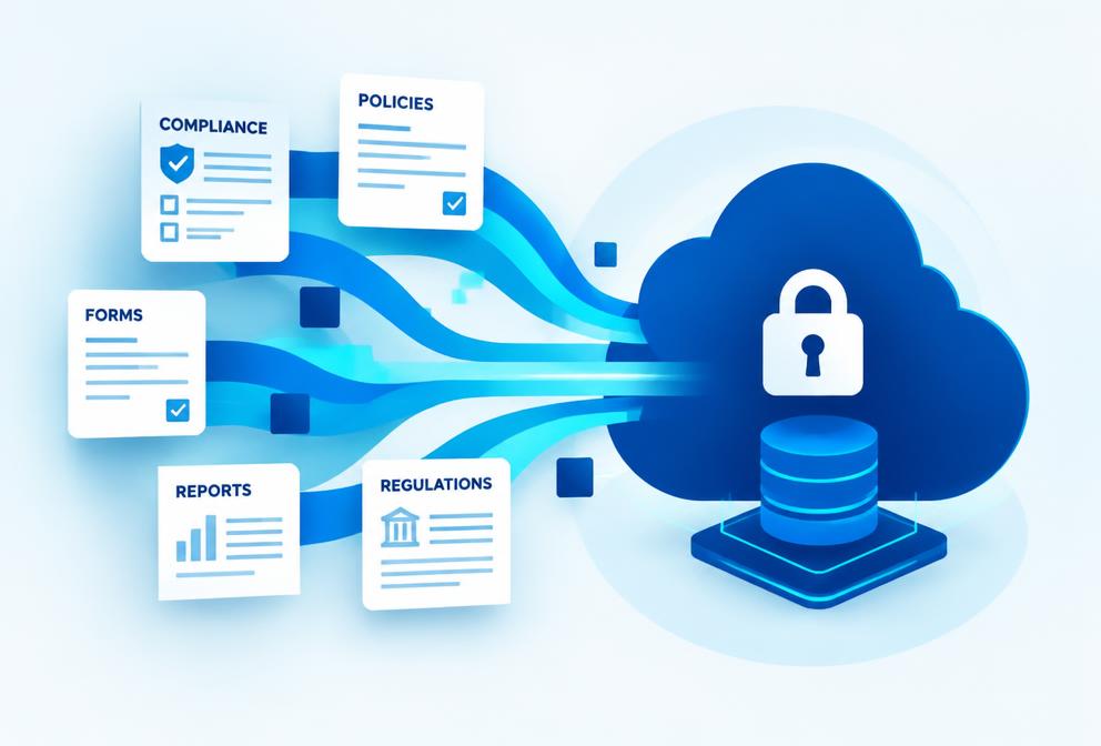 Illustration of compliance documents flowing into a secure digital platform