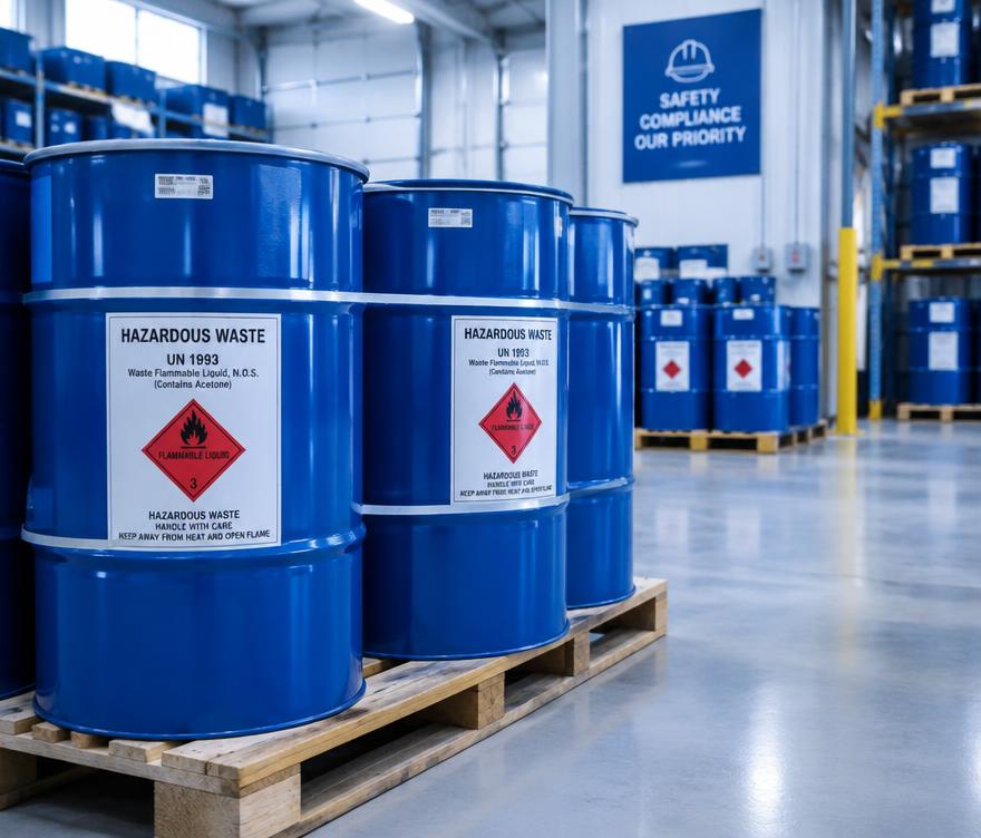 Labelled hazardous waste drums stored safely in a warehouse