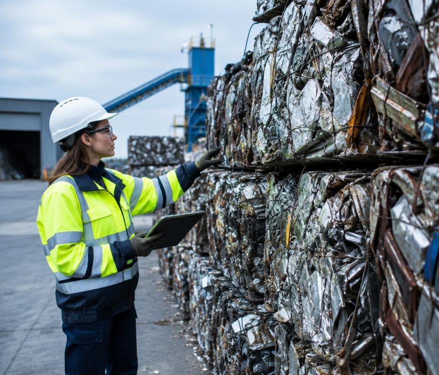 Worker inspecting bales of recycled metal at a resource recovery plant